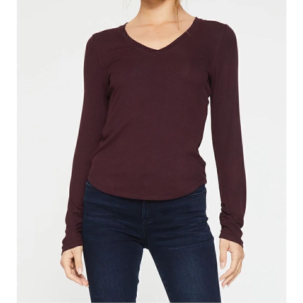 NEW Another Love SOPHIE Tshirt Long Sleeve V-Neck Ribbed Sz S Maroon Burgundy